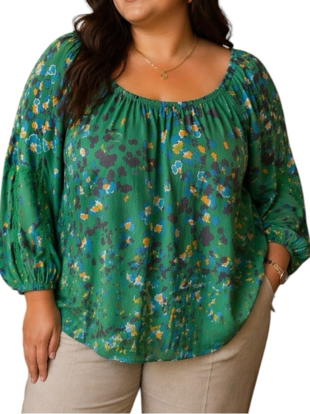 Green Floral Modest Office Business Casual Blouse